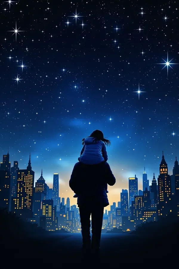 逆天奶爸短剧封面：星空下肩扛女儿前行的奶爸