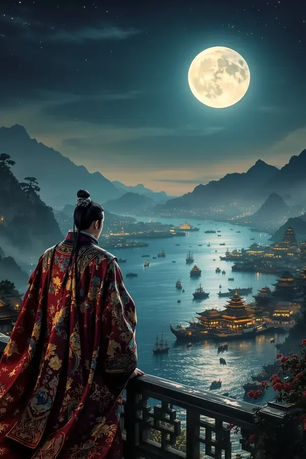 百川归海剧集封面：华服巨贾俯瞰黄昏中的古代港口