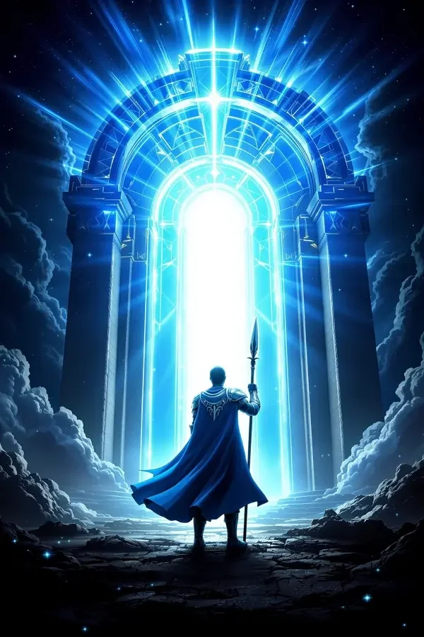 王者封神连载封面：蓝银铠甲战神立于发光天门之前